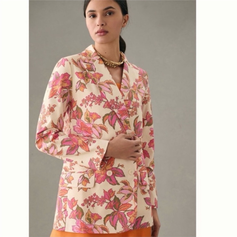 Anthropologie DOLAN Linen Boyfriend Blazer - Floral Print - XXS